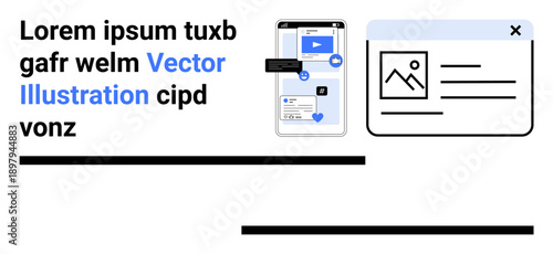 Social media, web design, user interface, digital marketing, online interaction, content sharing. Smartphone with social media icons and webpage preview card. Social media and web design concept