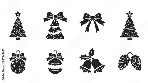 Christmas Icons Set: Festive Ornaments, Trees, Bells, Pinecones, and Bows - Black and White Silhouettes