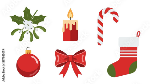 Christmas Icons Set: Mistletoe, Candle, Candy Cane, Ornament, Bow, Stocking