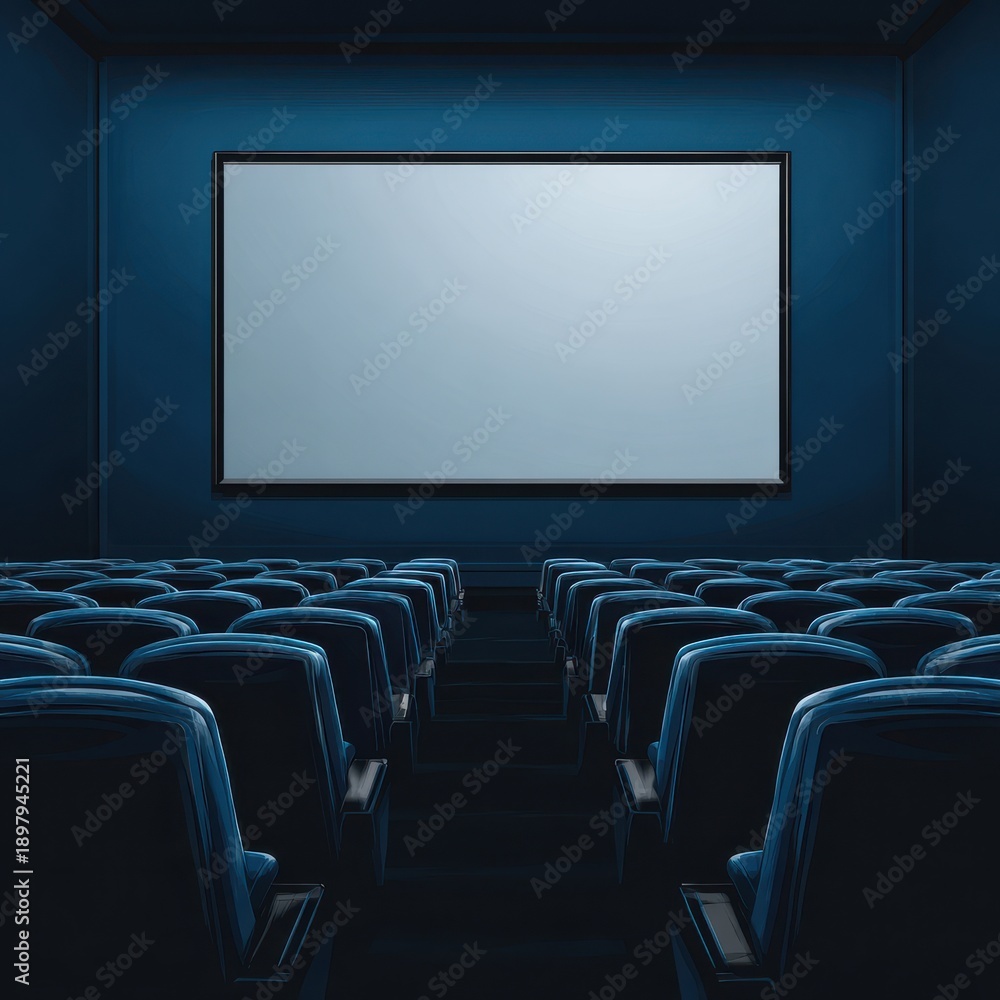 Fototapeta premium A dimly lit movie theater with a large blank screen and rows of empty blue seats