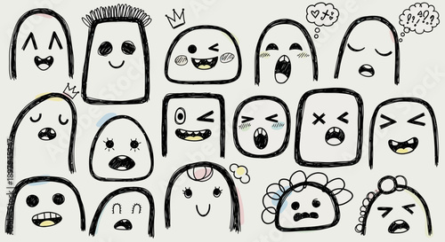 Collection of varied cartoon faces expressing different emotions and reactions in a simple illustration style