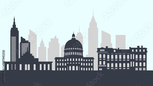 Cityscape Silhouette: Iconic Buildings and Capitol Dome Against a Pale Sky