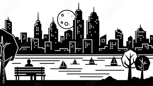 Cityscape Silhouette with Moonlit Sky, Sailboats on Water, and Park Bench
