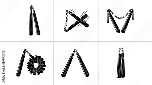 Collection of Black and White Nunchaku Icons and Illustrations