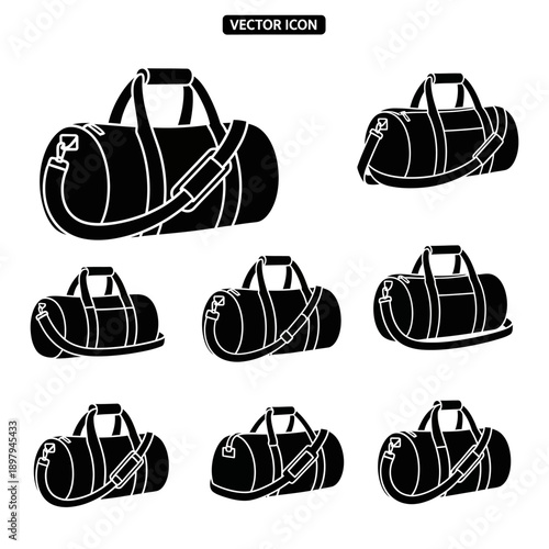 Collection of Black Duffel Bags, Gym Bags, and Travel Bags Vector Icons
