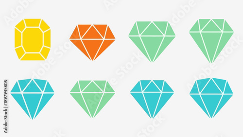 Collection of colorful diamond gems and jewels, flat design, vector illustration