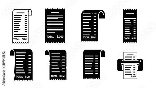 Collection of Receipt Icons: Bills, Invoices, and POS Slips