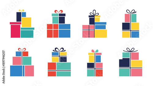 Colorful Gift Boxes Stacked, Festive Holiday Presents Collection, Flat Design