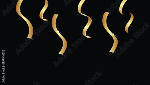 Golden Confetti Streamers Dancing on Black Background, Celebration, Party Decorations, Luxury Event