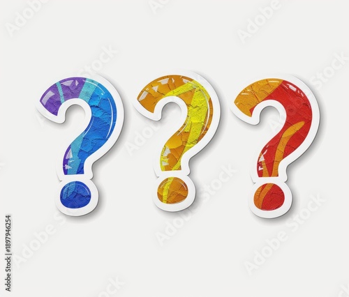 Colorful painted questions, aligned, on white. Can be used to symbolize uncertainty