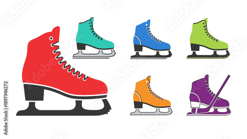 Colorful Ice Skates and Hockey Stick Collection on White Background