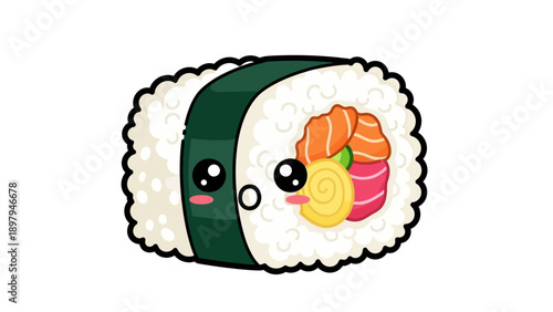 Cute Kawaii Sushi Roll Character with Salmon and Egg Yolk