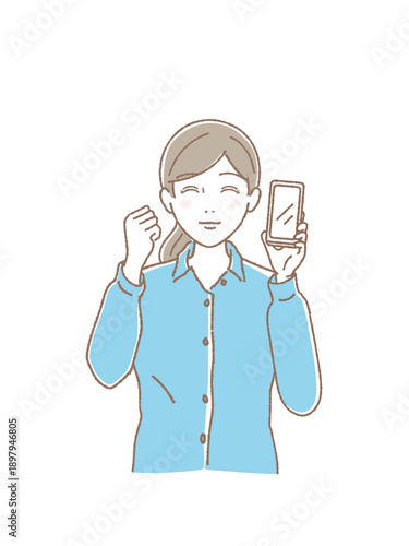 スマホを手にガッツポーズで喜ぶ笑顔の若い女性、成果、成功、オンラインサービス、ベクターイラスト (Happy young woman holding a smartphone and making a fist pump gesture, success, winner, online service, vector)