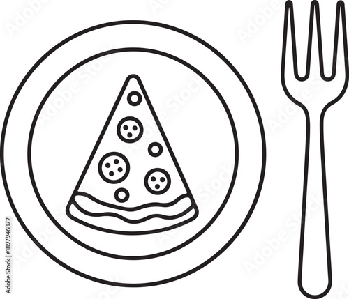 Outline illustration of pizza slice on plate with fork on transparent background. Italian food and eating concept