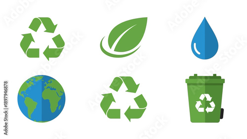 Eco-friendly icons: Recycling, Earth, leaf, water drop, and trash bin for sustainability
