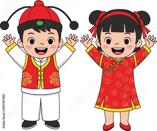 Cute cartoon Chinese boy and girl wearing traditional costume, happy kids character illustration, cultural festival design, white background