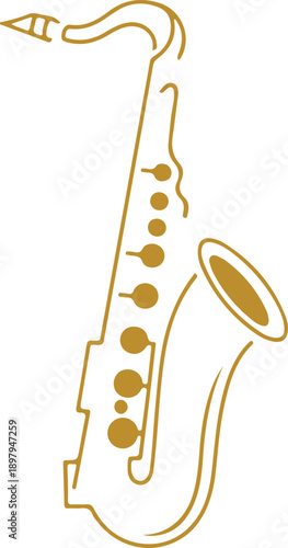 Simple line art drawing of a saxophone on transparent background, representing music and jazz instrument