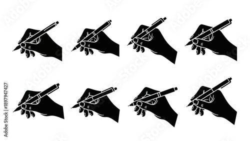 Hand Writing with Pen, Set of 8 Silhouettes, Writing Action, Creative Process