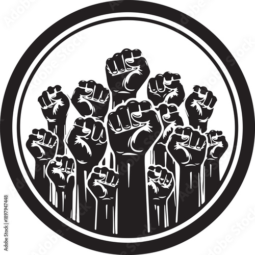 Strong fists in a black circle on transparent background vector illustration, power and protest concept, solidarity and revolution symbol