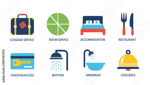 Hotel Services Icons: Luggage, Room Service, Accommodation, Restaurant, Check-in, Bath, Amenities, Concierge