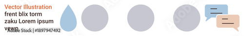 Communication, dialogue, messaging, digital interaction, abstract design, modern tools. Shapes include speech bubbles, circles and a teardrop. Communication and dialogue creatively