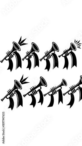 Marching Band Trumpets with Banners and Sound Waves