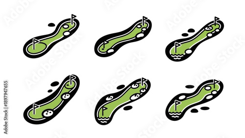 Mini Golf Course Icons: Variety of Holes with Flags and Obstacles