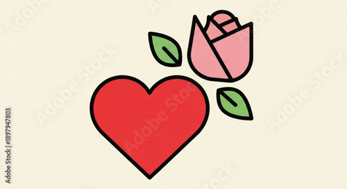 Heart and pink rose with green leaves on beige background symbolizing love and romance in a simple cartoon style