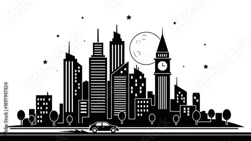 Monochromatic Cityscape Skyline with Big Ben and Moon