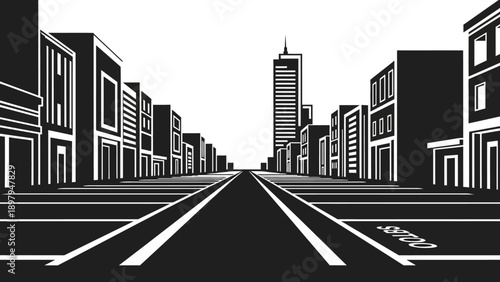 Monochromatic Cityscape with Tall Buildings and Empty Road