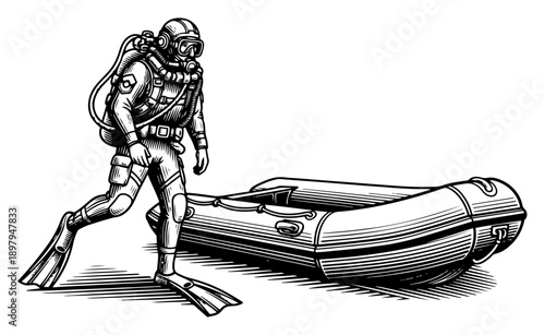 Scuba diver in full gear walking next to an inflatable rubber boat in retro sketch style