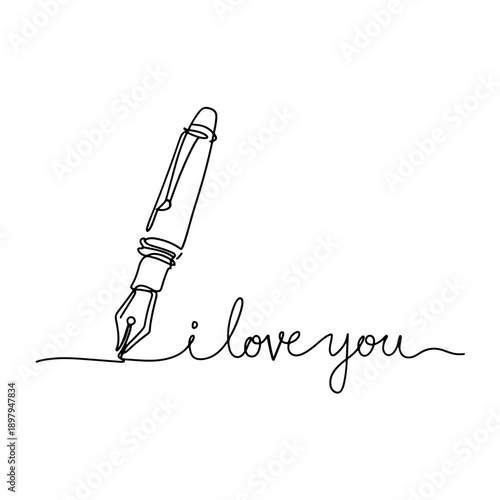Fountain pen writing "I love you" one line illustration