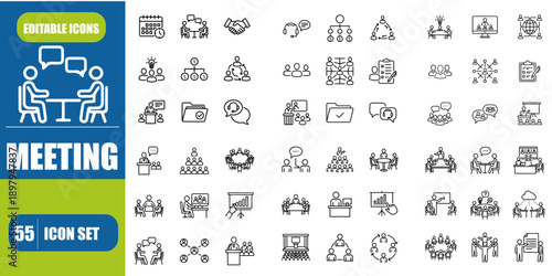 Meeting Outline Icon Set – Business Meeting, Conference, Planning & Presentation Editable Stroke Vector Illustration
