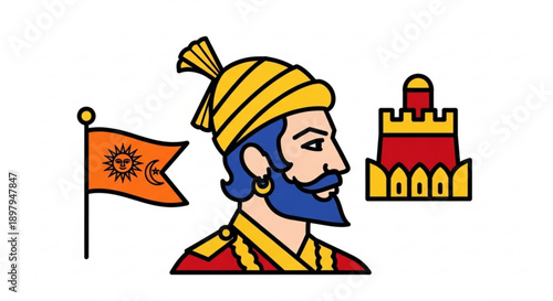 Medieval indian warrior with flag and castle royal illustration