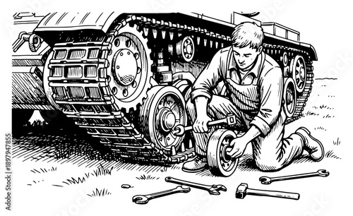 Soldier mechanic repairing a tank track with tools in black and white engraving style