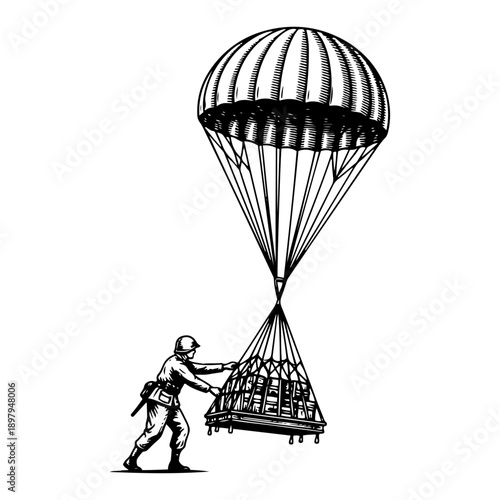 Soldier receiving supply crate delivery via parachute airdrop in black and white sketch style