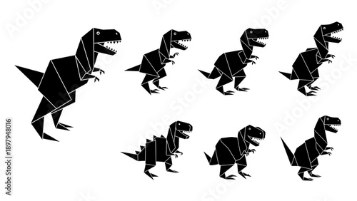 Origami Dinosaur Collection: Black Tyrannosaurus Rex Figures on White Background