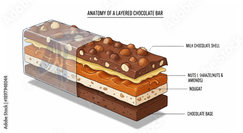 Layers of a sample chocolate bar with hazelnut and caramel filling