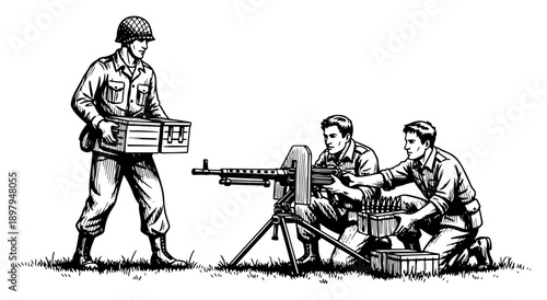 Squad of soldiers operating heavy machine gun and carrying ammunition in vintage engraving style