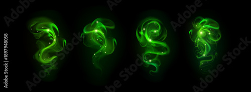 Magic green light swirls set isolated on black background. Vector realistic illustration of magician spell effect with glowing neon dust trail and shimmering particles, abstract sorcery flame waves