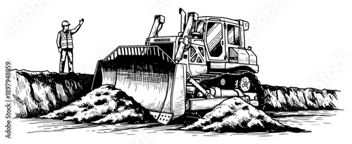 Heavy bulldozer pushing earth on construction site with worker signaling in retro woodcut style