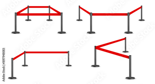 Belt barrier with red rope on black poles isolated on white background. Vector realistic illustration of ribbon queue line divider for security control at airport, night club, museum, theater