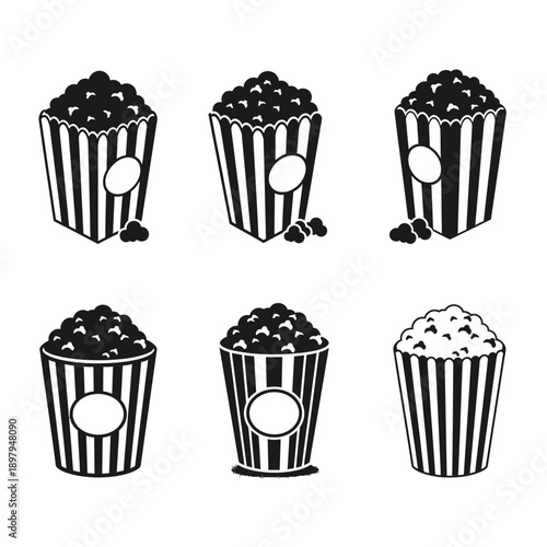 Popcorn Buckets Collection: Cinema Snack Icons, Black and White Vector Graphics