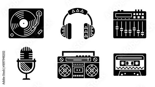 Retro Music Icons: Turntable, Headphones, Mixer, Mic, Boombox, Cassette Tape