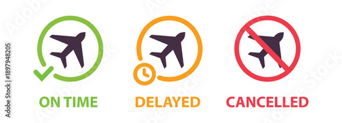 Flight Status Icon Set Showing On Time, Delayed, and Cancelled Airplane Symbols with Green, Orange, and Red Circular Arrows for Airport Information, Travel Apps, and Airline Infographics