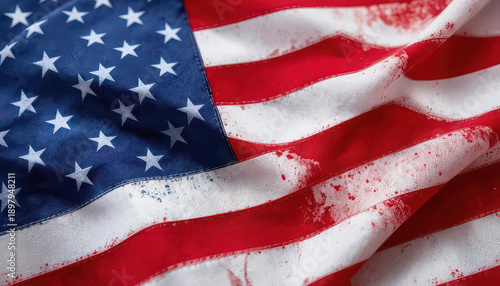 American flag with blood stains symbolizing patriotism and conflict close up view