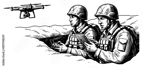 Two soldiers operating a drone from a trench for surveillance in engraving style