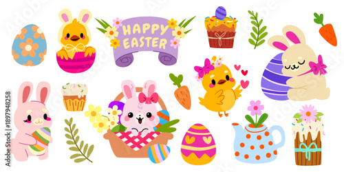 Easter bunny, chick and colored eggs cartoon elements, bouquet in basket, spring flower in watering can or teapot, Happy Easter banner. Cute vector illustrations, funny baby animals for festive design