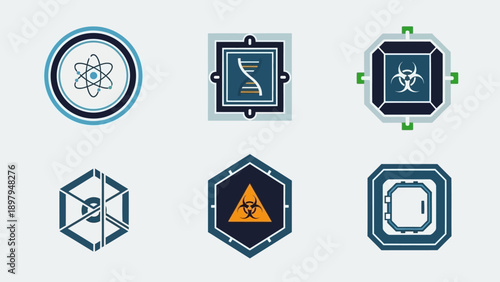 Science and Technology Icons: DNA, Atom, Biohazard, Hexagon, Cube, Circuit
