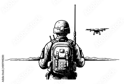 Soldier with backpack and radio antenna watching surveillance drone in sketch style